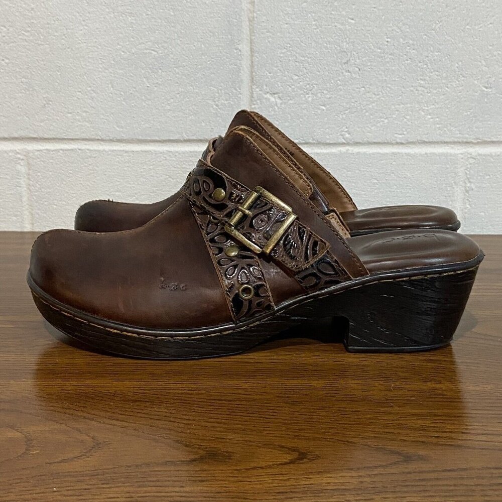 B.Ø.C Børn Women's Karley Leather Mules 11M Brown Buckle Block Heel Clog Western